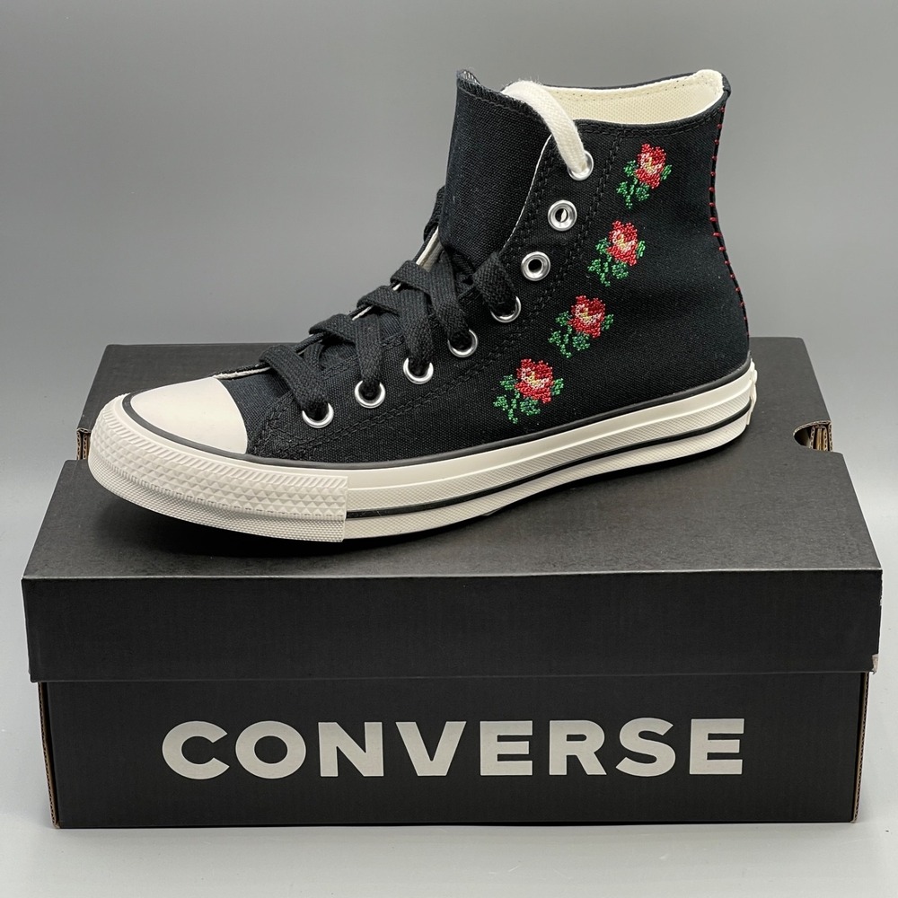 Converse Women's 5.5 Sneakers Black Hi Rose Embroidered Jellyfish Jitter A13657C